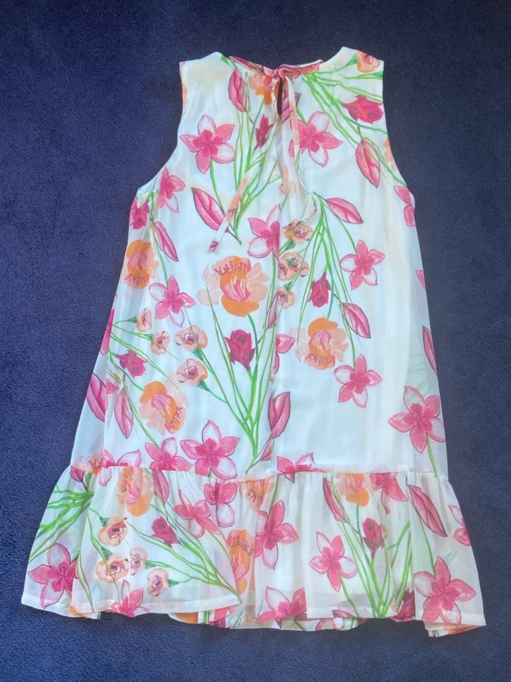 Floral Sleeveless Shift Dress | White Multi Color Print Ruffle Hem - Picture 3 of 8